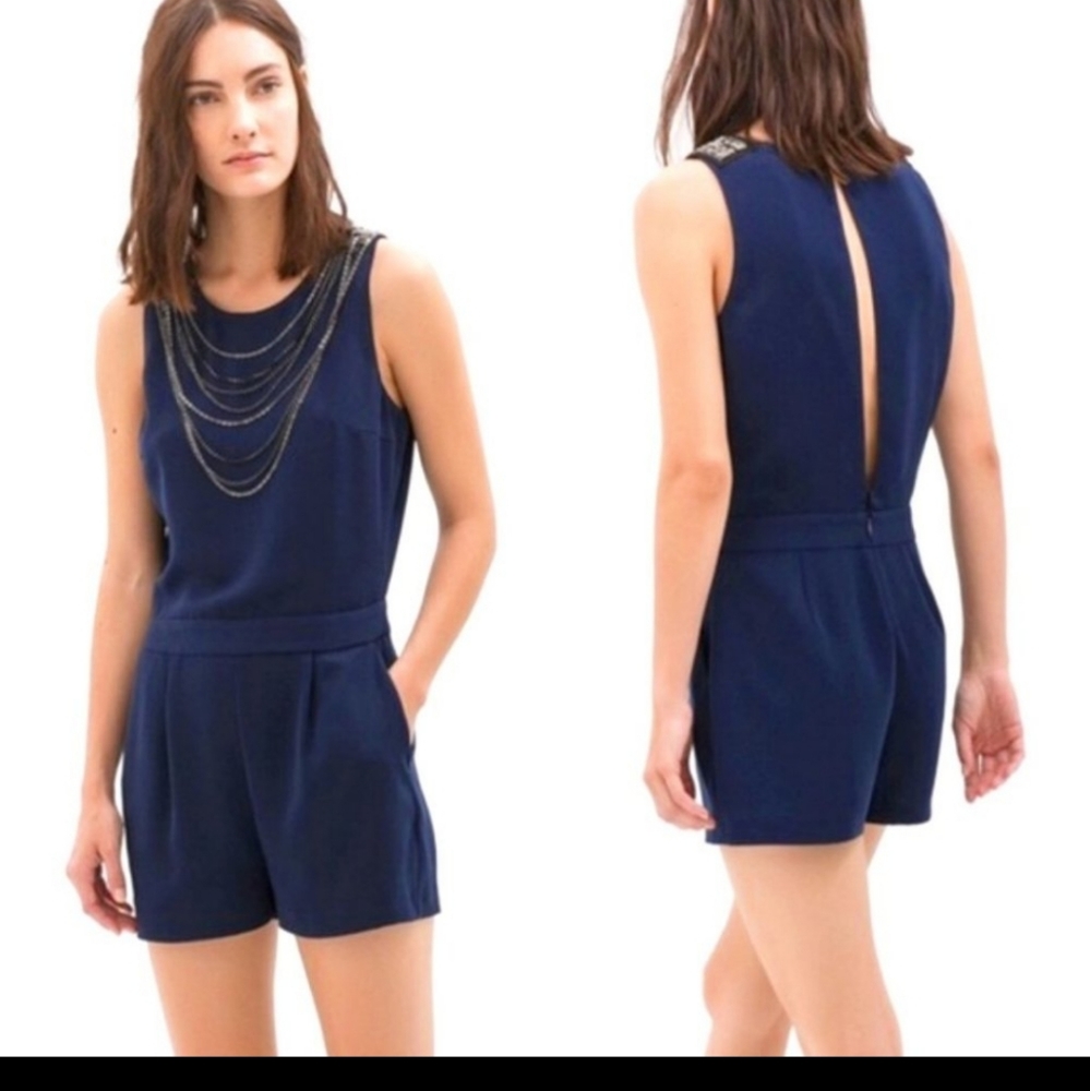 NWOT Zara Navy Romper with chains